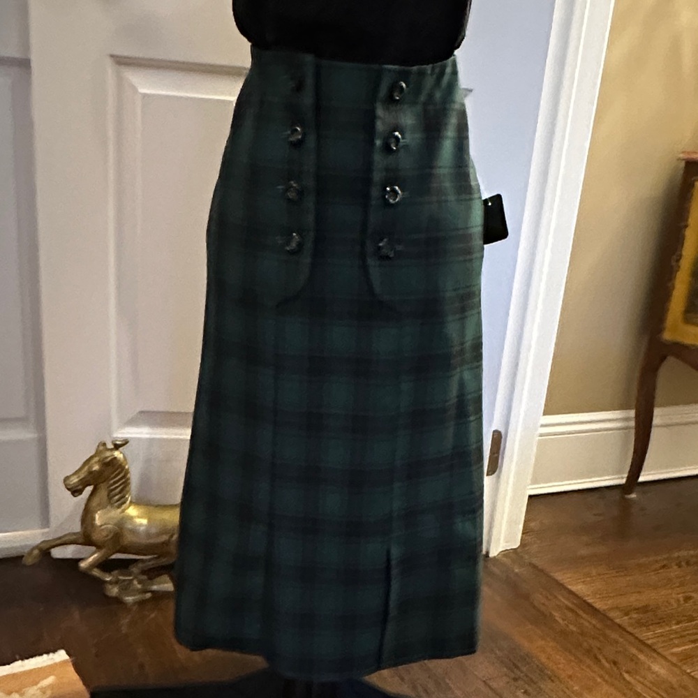 Green and Black Plaid Double Placket Button Front Skirt Fully Lined Size XS S